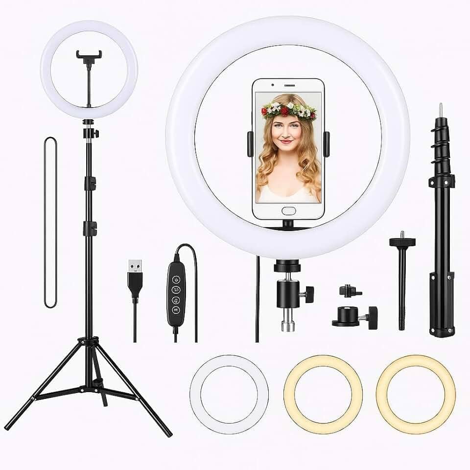 Top 1 Ring Light 10'' Profissional 26cm Tripé 2,1m Anel de Luz LED 3 Cores Branca Quente Neutra Celular Bluetooth Maquiagem Live YouTube TikTok Vídeos Selfie Estúdio Fotografia Aula Online