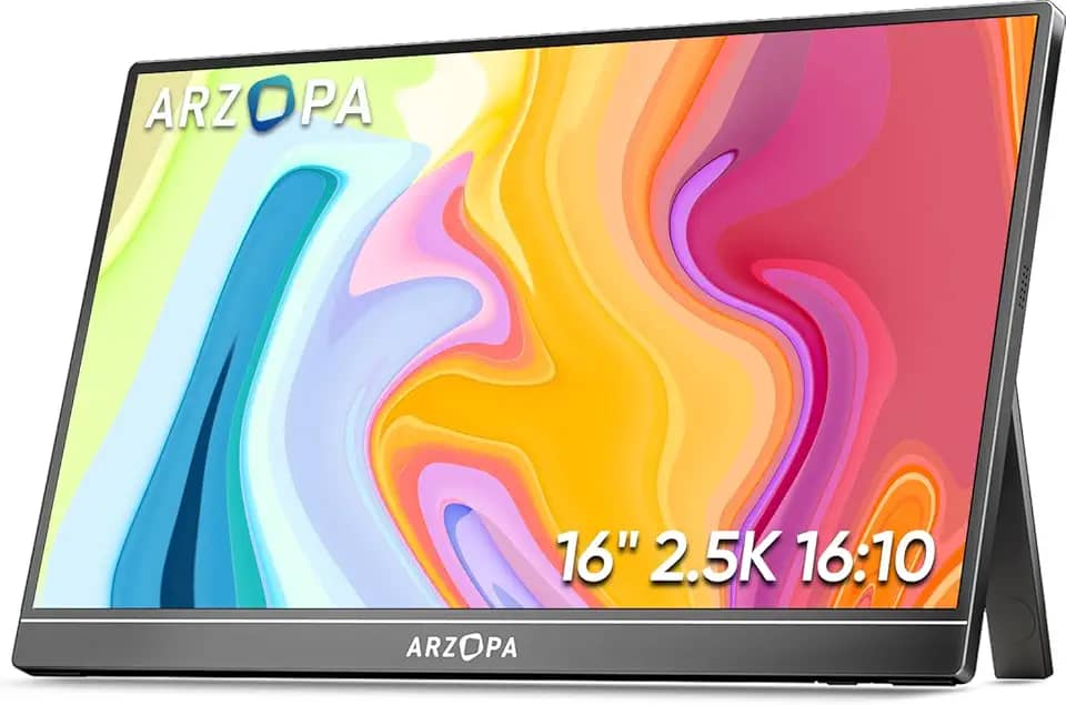 ARZOPA Monitor portátil 2.5K 16.0' 2560x1600 HDR com suporte, monitor de laptop 500nits 8bit QHD USB-C HDMI, tela externa de cuidados com os olhos IPS 16:10 para Mac, PC, telefone, PS4/5, Xbox