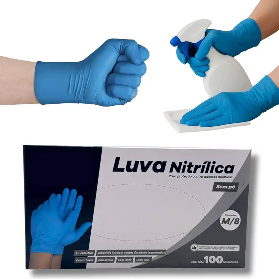 Luva Nitrilica Azul Premium | Sem Pó Antiderrapante | 100 Unidades Descartável | P, M e G