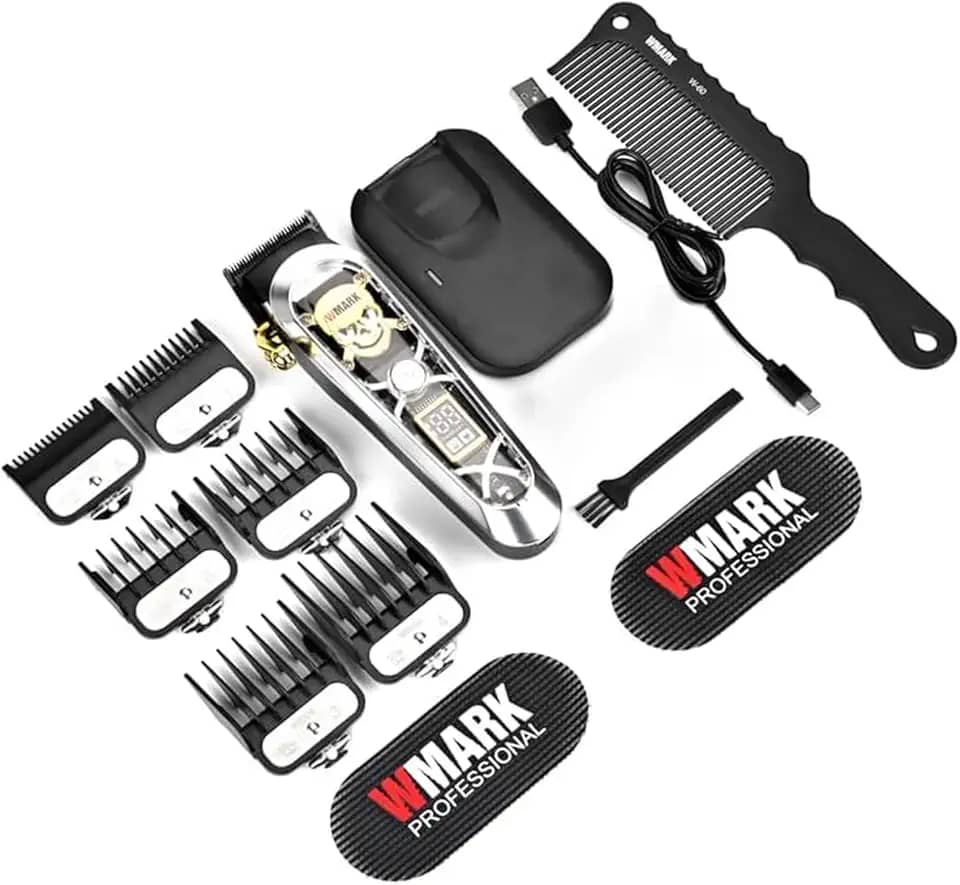 WMARK Máquina De Cortar Cabelo Profissional Alta Velocidade Para Homens, Sem Fio E Com Fio, Visor Lcd, 6 Pentes-Guia *1 Pente, Masculino Ng-130 (Prata)