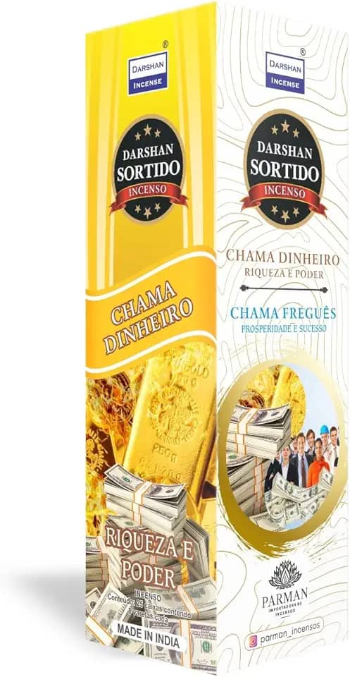 Incenso Chama Dinheiro + Chama Fregues Darshan Box 25 Caixas Com 8 Varetas