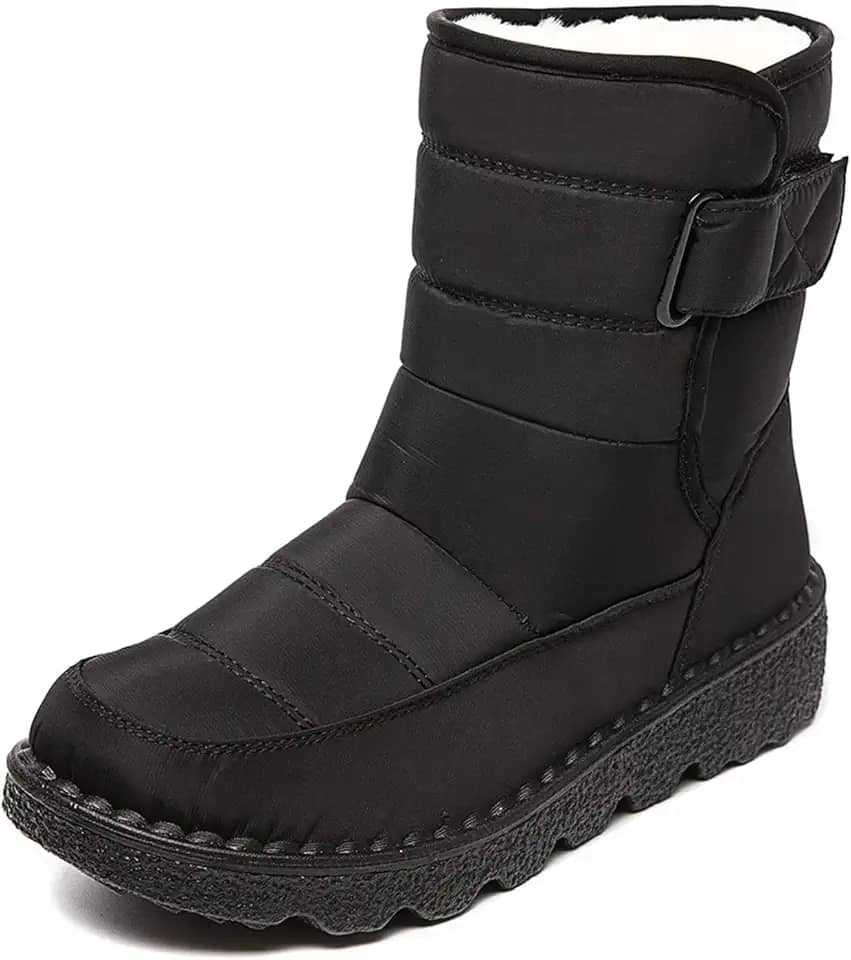 Botas de neve femininas de tecido impermeável com gancho e laço, confortável, bico redondo, forro de pelúcia, sem cadarço, botas de inverno impermeáveis para atividades ao ar livre, montanhismo, lazer