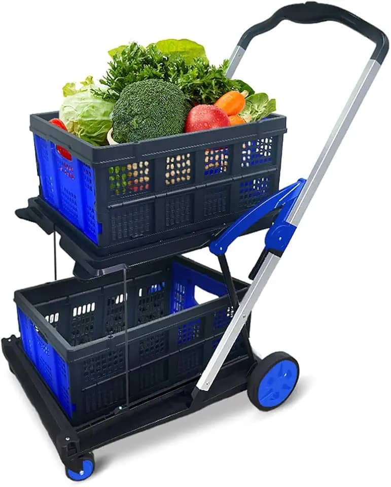 Carrinho de compras dobrável de duas camadas | Carrinhos dobráveis multifuncionais | Carrinhos de supermercado dobráveis | Carrinho de compras com caixa de armazenamento | Carrinho utilitário para