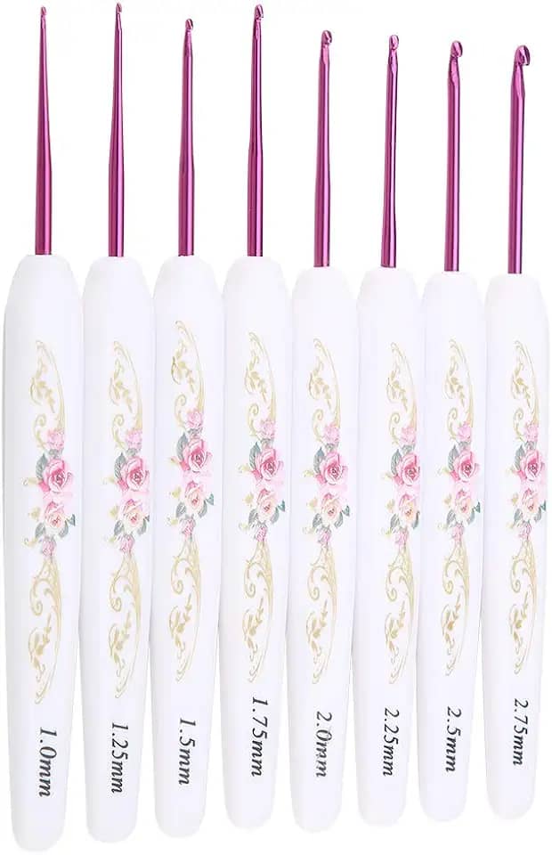 Tnfeeon Conjunto de Gancho de crochê de 8 Peças Com Alça de Plástico Ergonômico Com Estampa Floral Macia Agulhas de tricô de Vários Tamanhos para Projetos de Artesanato de Fios (Thin white handle)