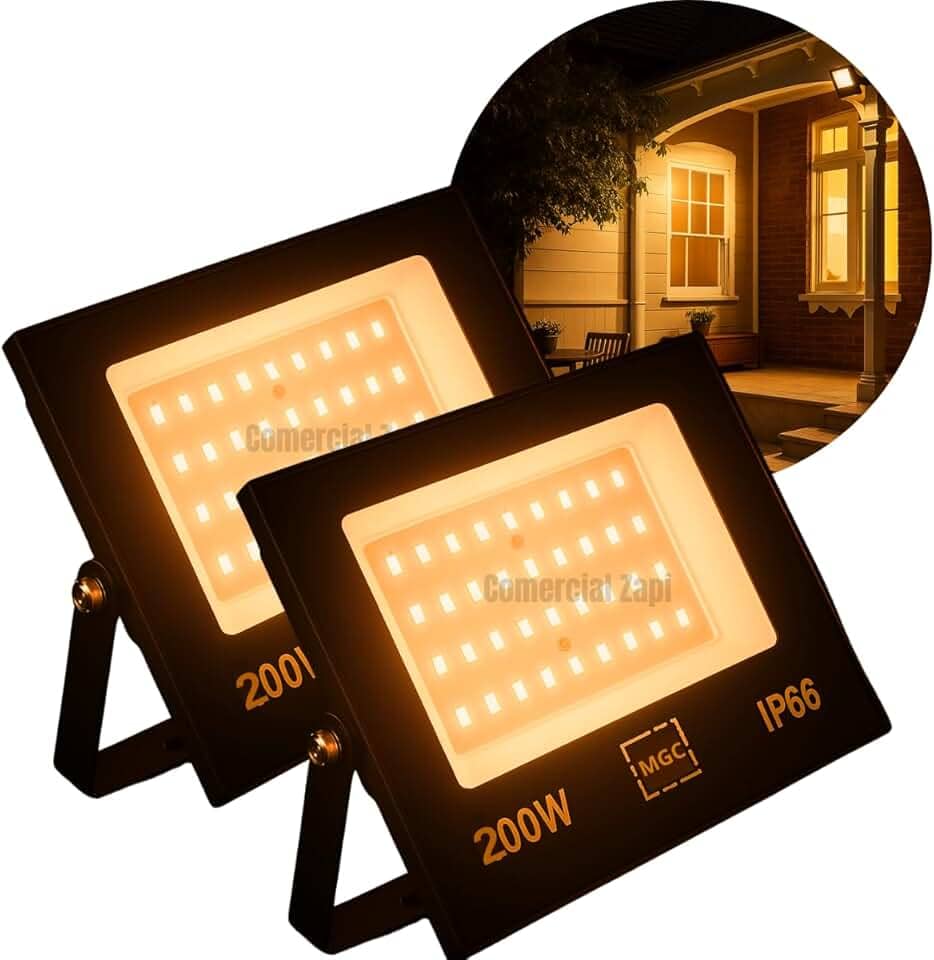 KIT 2 Refletor LED 200W Holofote Bivolt Branco Quente IP66 SMD à Prova D'Água, Luz Alta Potência para Fachadas, Jardins, Piscinas, Eventos, Iluminação Moderna, Linha Premium