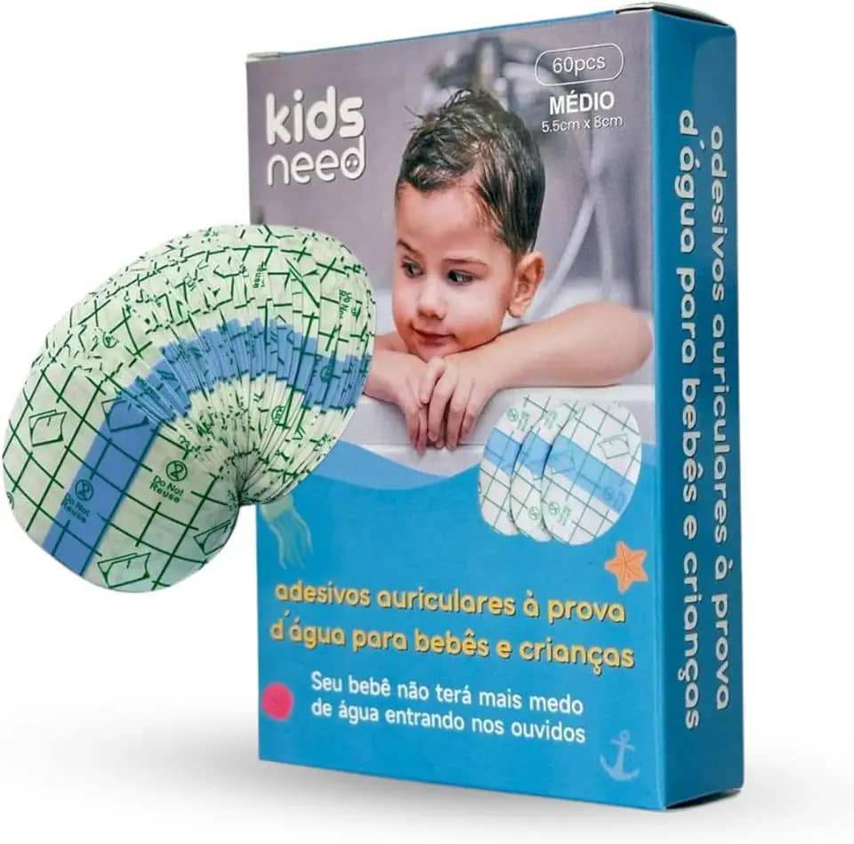 Kids Need - Adesivo Protetor Auricular, Pacote com 60 Unidades - Tampão de Orelha Impermeável para usar Durante Banho ou Natação. Tamanho Único Infantil e Adulto (Bebê, Criança e Adulto) (1 Pacote Adesivos Transparente (60 adesivos), MÉDIO 5.5x8cm)