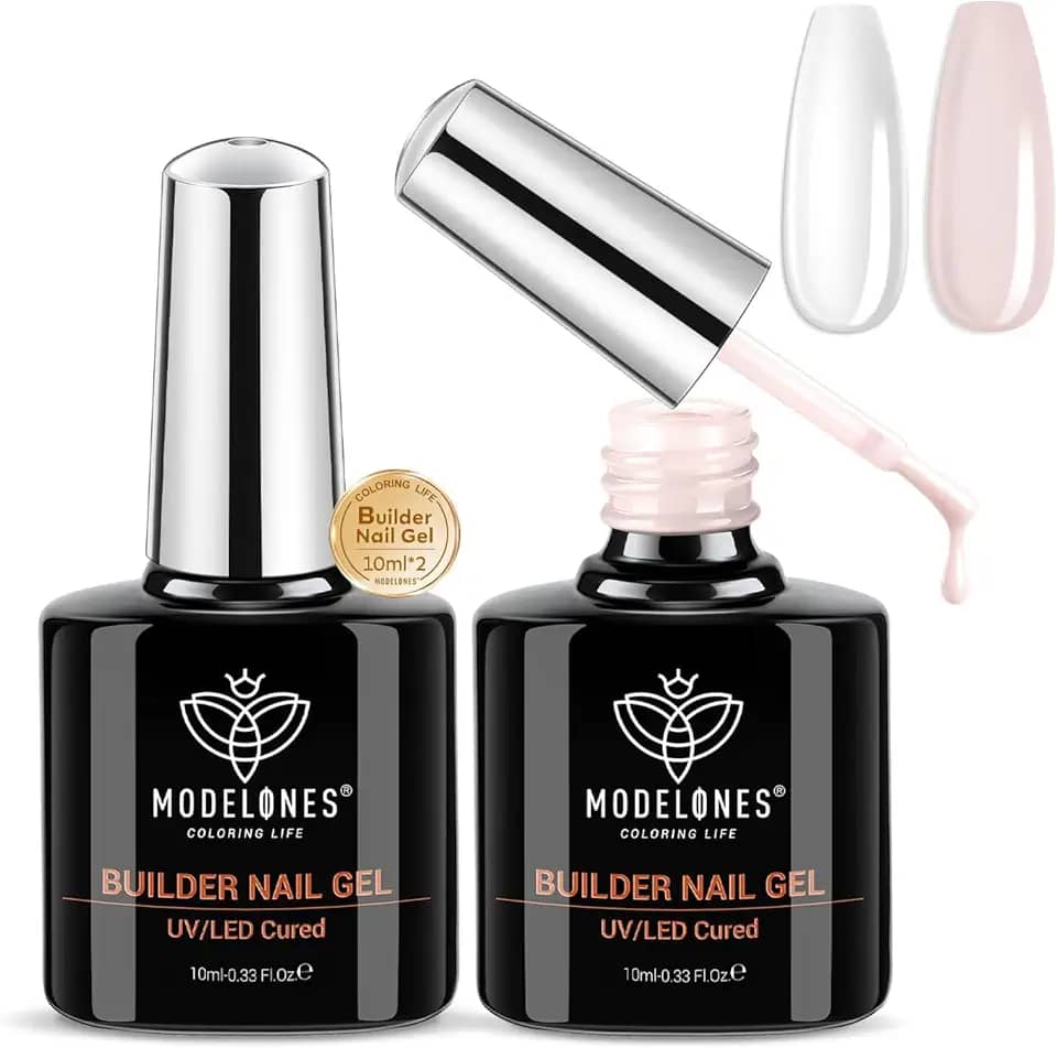 modelones Builder Nail Gel, 2 Pcs Clear and Cover Nude Builder Nail Polish, 8-in-One Apex Building Thickening Strengthener Extension Rubber Color Base Gel for DIY Home Salon Gifts LED Lamp Cured 10ml