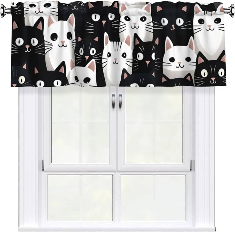 Cortina com bolso de haste curta, gatos com olhos grandes, cortinas de decoração de janela para cozinha, sala de estar, quarto, 1 painel, 137 cm L x 45 cm C