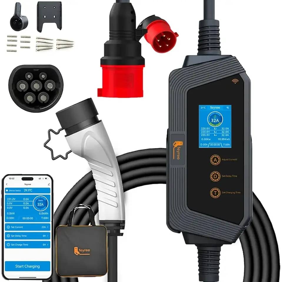 Carregador Carro EléTrico PortáTil,Type 2-11 Kw 16A 3fases,ProteçãO Contra Fuga De Corrente, Com Aplicativo, Cabo Ev De 5 Metros Adequado Para 99% Dos VeíCulos EléTricos E HíBridos,Uso Interno/Externo