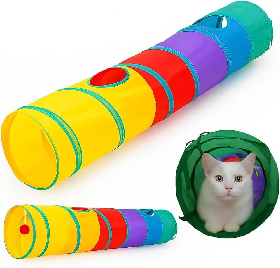 Túnel para Gatos 4 Entradas Dobrável com Bolinha Brinquedo Interativo 120cm