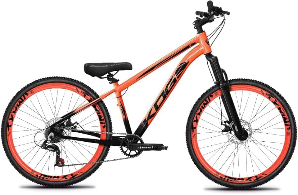 Bicicleta Aro 26 KOG 1x7 Freeride – Bike para Grau, Freeride Urbano, Suspensão 80mm, Freios a Disco, 7 Velocidades, Preto Laranja