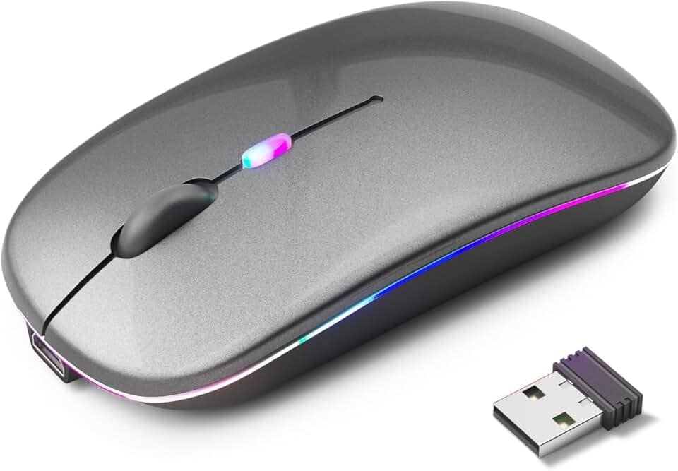 Mouse Sem Fio Recarregável com LED RGB Design Ergonômico e Conexão Bluetooth para Notebook PC e Home Office (Cinza)