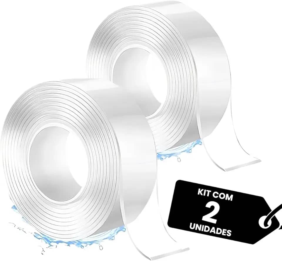 Fita Adesiva Dupla Face Nano Transparente, Lavável, Extra Forte, Kit com 2 Rolos MULTINIXIA
