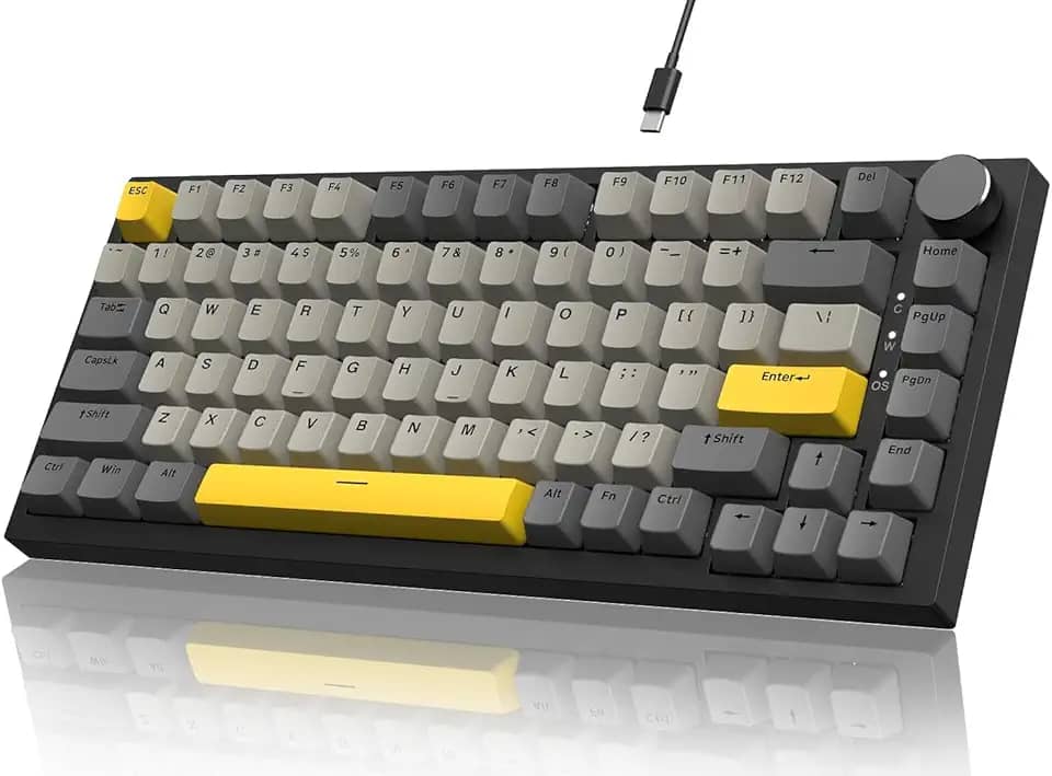 ATTACK SHARK x AJAZZ AK820 Teclado mecânico para jogos RGB com fio e botão CNC,layout 75% ANSI,junta de 82 teclas,5 espumas de absorção de som,interruptor linear hot-swap,para PC MAC (Cinza Amarelo)