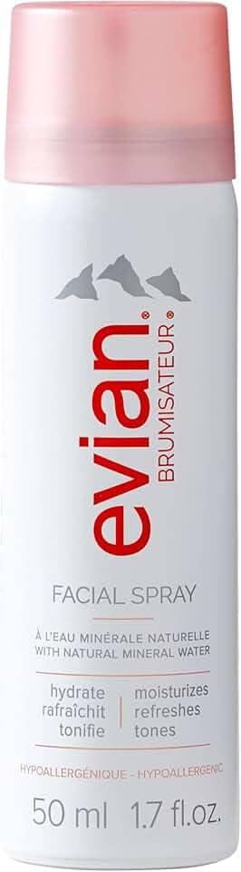 BRUMISATEUR Evian Spray facial 50 ml, névoa de água mineral hidratante para rosto e pele, refresca a maquiagem e tonifica a pele, mini spray facial aprovado pela TSA para hidratar e apoiar os cuidados