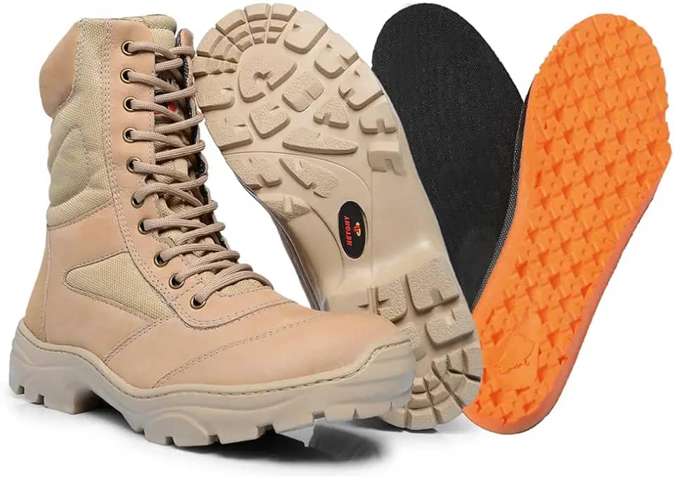 Coturno Masculino Militar Cano Alto em Couro Legítimo Reforçado Palmilha em Gel Zíper Lateral 1000