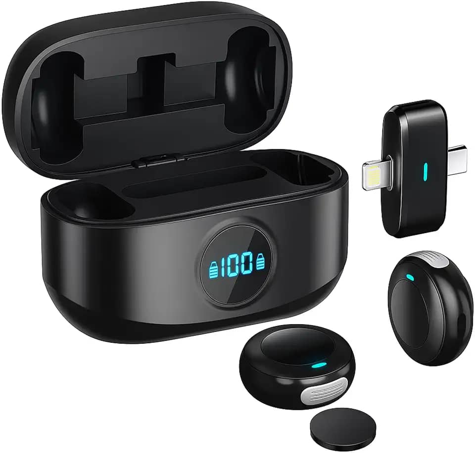 Microfone Lapela Sem Fio para iPhone e iPad (IOS) Lightning e Android USB-C – Kit Duplo Plug & Play com Case Carregador – Som Profissional para Podcasts e Transmissões ao Vivo