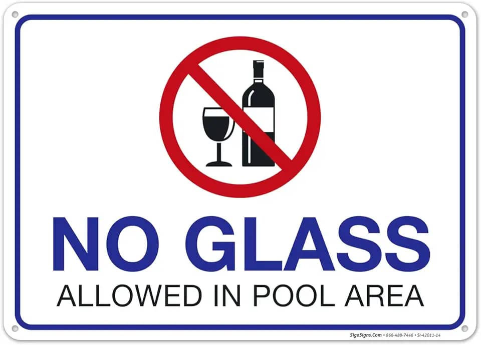 Placa de piscina sem vidro permitido na área da piscina, 25 x 35 cm, alumínio 040 sem ferrugem, resistente ao desbotamento, feito nos EUA por Sigo Signs