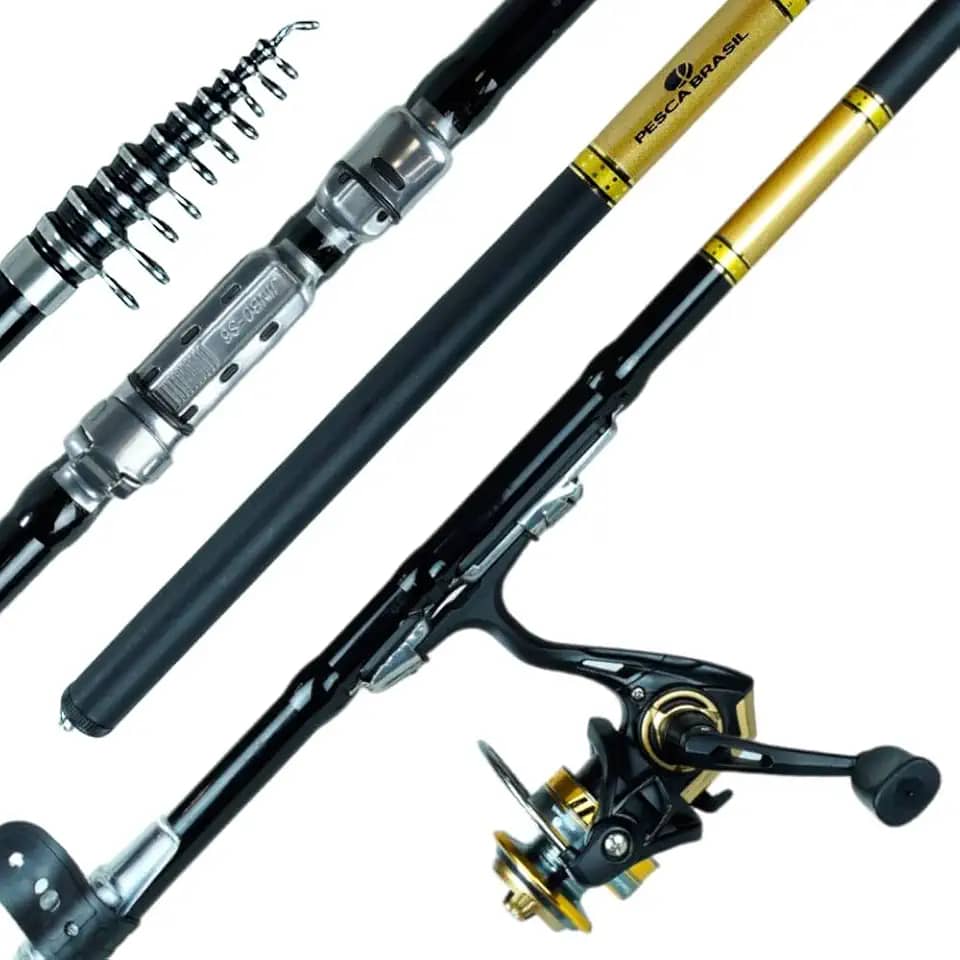 Pesca Brasil, Combo Vara e Molinete Leaf Ultra Light Estrutura Telescópica 2,4m Pesca em Rios e Lagos, Preto