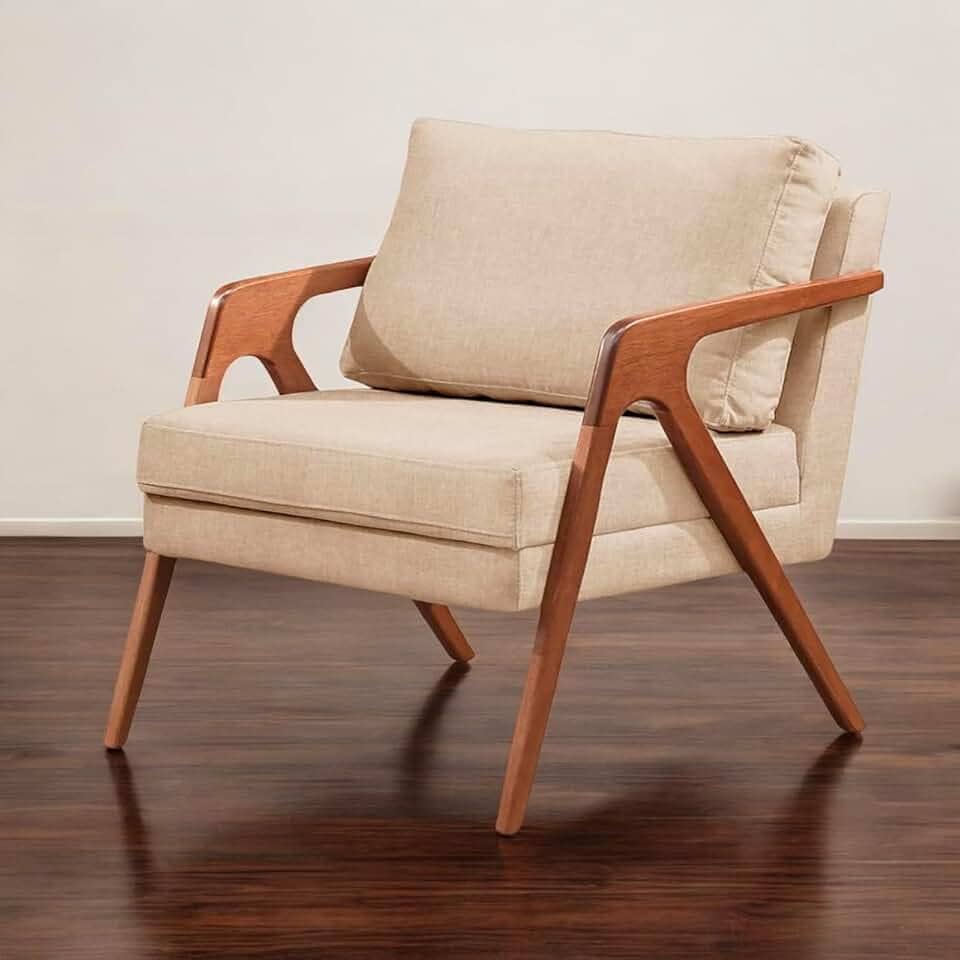 Poltrona Mona Decorativa de Linho Premium e Madeira Maciça Design Atemporal - Zinn Móveis (Bege)