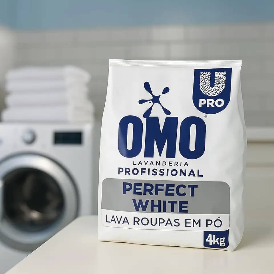 Lava-Roupas Sabão em Pó OMO Perfect White Pro 4kg Super Concentrado, Brancura Impecável, Rende Mais Lavanderia Profissional