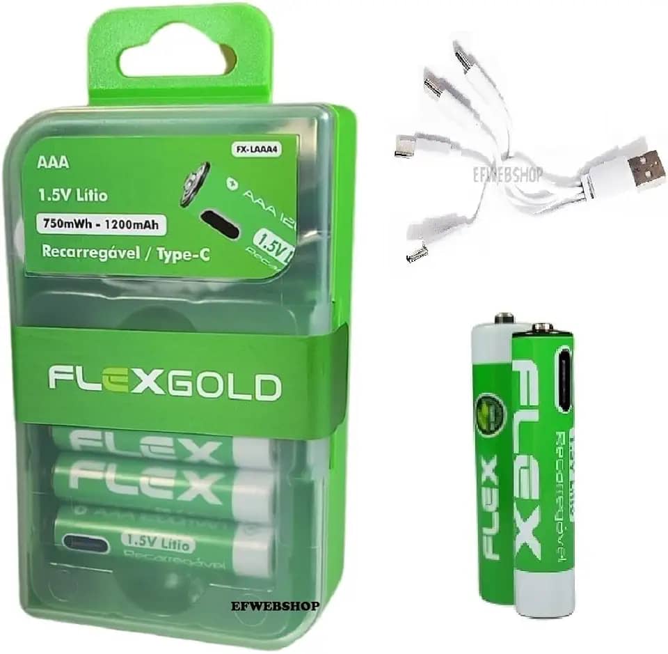 4 Pilhas Recarregáveis Flex AAA 1.5V de Lítio 1200mAh com Carregamento Direto via Cabo USB-C e LED Indicador de Carga mais Case Porta Pilhas
