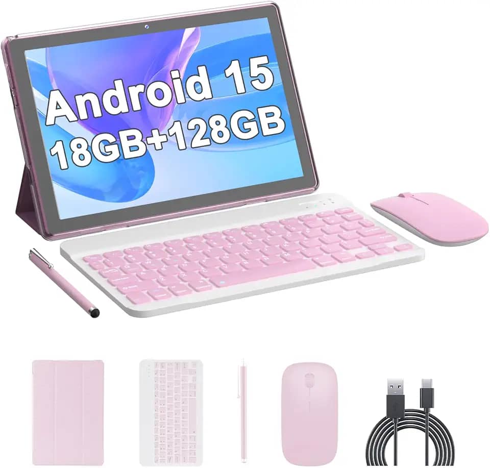 COOPERS Tablet Android 15, tablet de 10 polegadas, 18 GB de RAM + 128 GB de ROM, 2 TB expansível, processador quad-core de 2,0 GHz, WiFi 6 BT 5.0, câmeras duplas, tablets 2 em 1 com capa de teclado