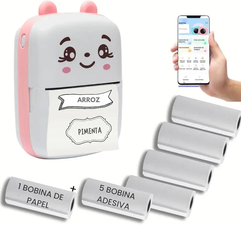 Mini Impressora Térmica Portátil USB/Bluetooth Gatinho — Sem Tinta, 6 Bobinas Adesivas para Etiquetas Personalizadas“impressora sem fioportátil de etiquetas papel adesivo térmico'