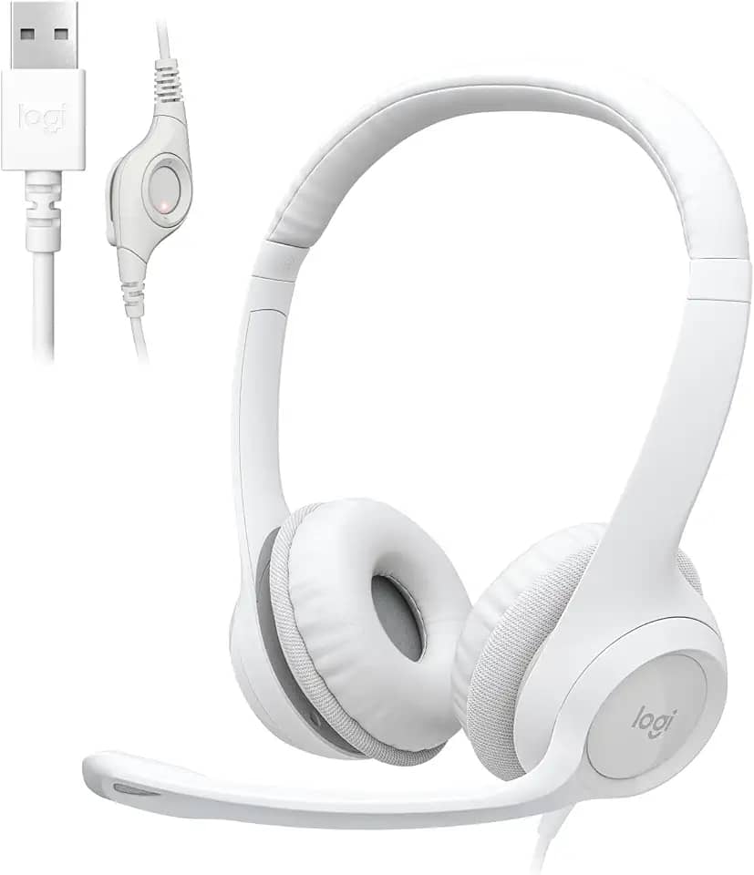 Headset com fio USB Logitech H390 com Almofadas Confortáveis, Controles de Áudio Integrado e Microfone com Redução de Ruído - Branco