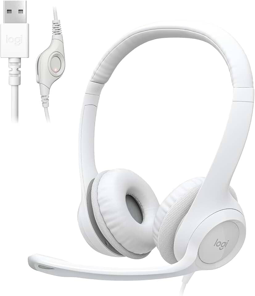 Headset com fio USB Logitech H390 com Almofadas Confortáveis, Controles de Áudio Integrado e Microfone com Redução de Ruído - Branco