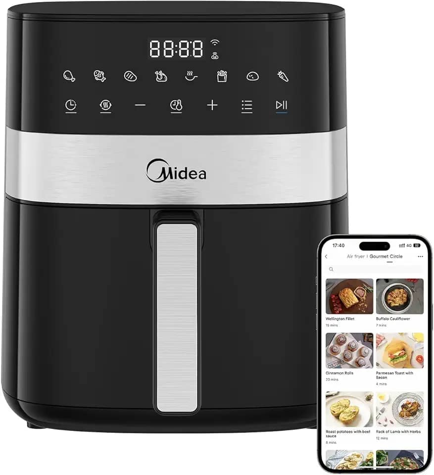 Midea Air Fryer Fritadeira 6L, 9 Menus Predefinidos, Tela de Toque LED, Desligamento Automático, Função IOT, 90% Menos Gordura, cesta Antiaderente e Prato Mais Crocante 220V/60Hz