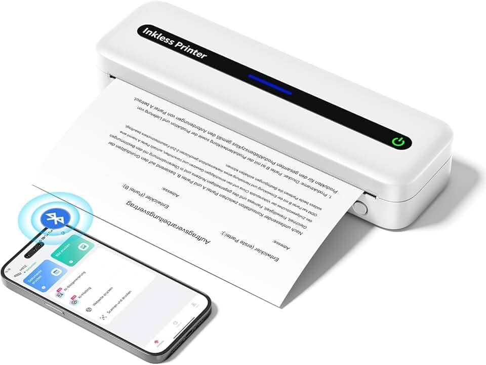 Impressoras portáteis sem fio para viagens, sem tinta térmica, 300 Dpi, 2600 mAh, Bluetooth 5.0 sem fio, suporta carta dos EUA de 21,6 cm x 28 cm, tamanho A4, compatível com iPhone, iPad, Android, Mac