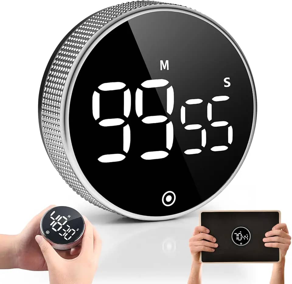 Temporizador Digital de LED, Temporizador Digital de Cozinha, Temporizador de Cozinha com Rotação Regressiva, Timer Digital Cinza-Prateado, Temporizador Rotativo