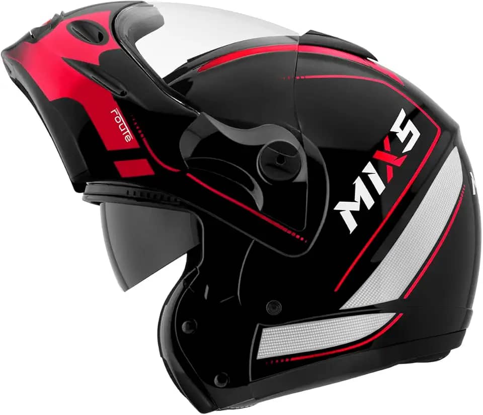 Capacete de Moto Mixs MX Captiva Route Brilhante Com Viseira Interna Solar Óculos de Sol Articulado Escamoteável Robocop Cinza Com Vermelho