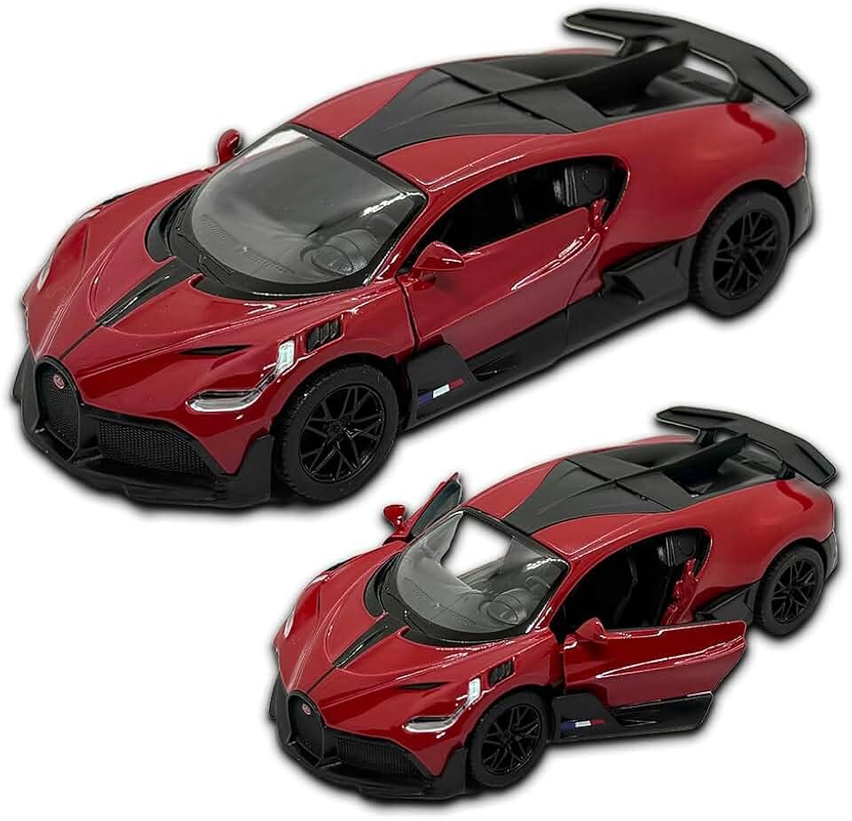 Miniatura de carro Bugatti Divo, Carrinho de ferro, abertura de portas, com fricção, 12,4 CM, Em metal, 1/36, Pneus em borracha, Kinsmart (Vermelho)
