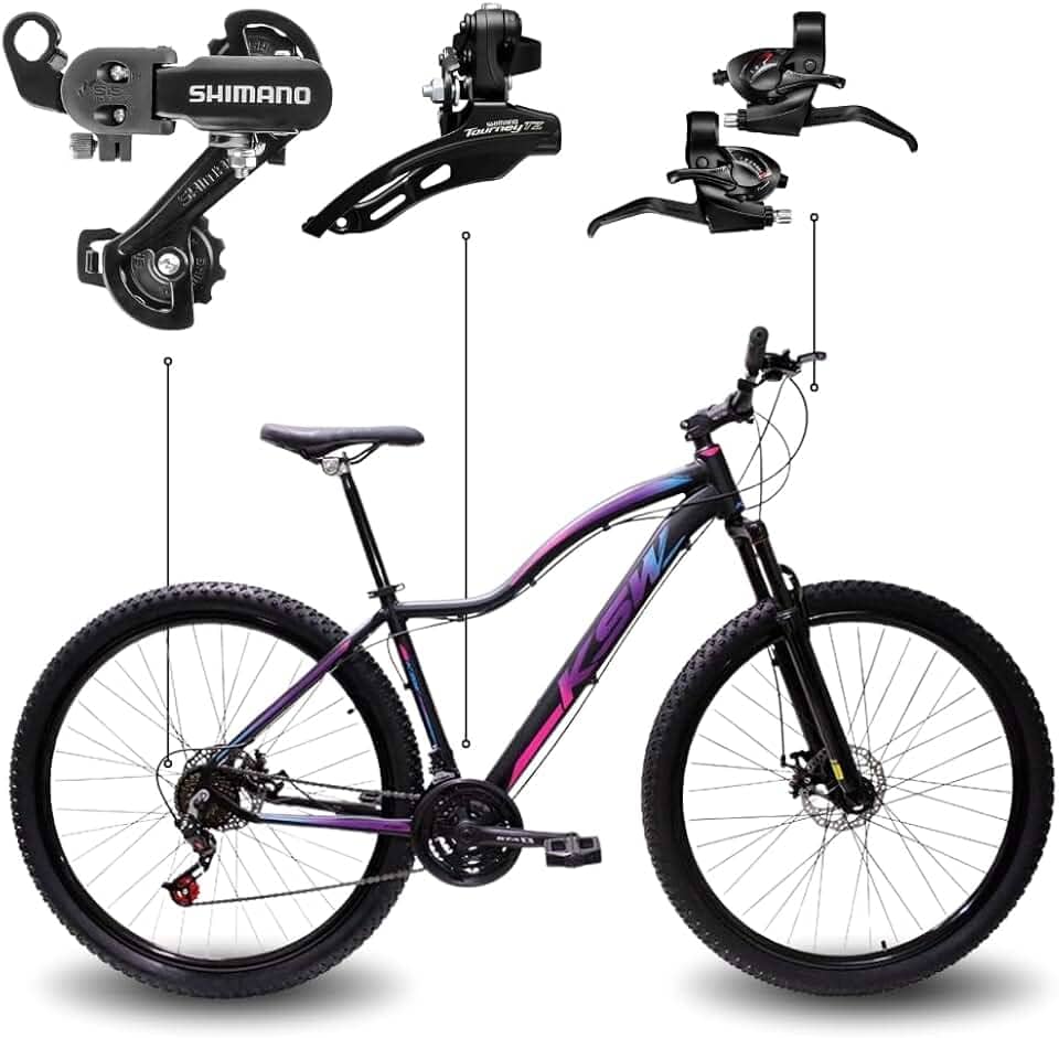 Bicicleta Aro 29 Feminina KSW MWZA Shimano Quadro Alumínio Rebaixado Freio a Disco Mecânico MTB