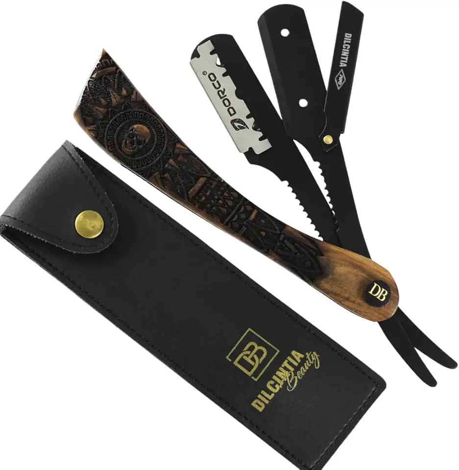 Navalhete para Barba Navalha Profissional Cabo Madeira Nobre Talhada Aço Inox + Case Dilcintia