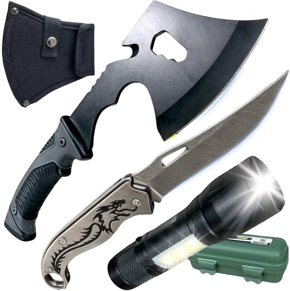 Canivete Tático Dobrável, Machado Multiuso, Lanterna Recarregável, Kit Sobrevivência, Ferramenta Tática para Camping, Caça, Pesca, Emergências, Aventura e Defesa Pessoal, Compacto e Resistente