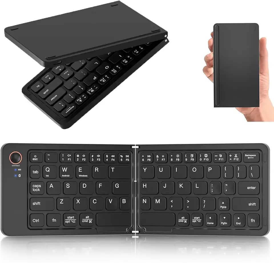 Teclado Bluetooth dobrável – ultrafino, portátil, tamanho de bolso, teclado de viagem sem fio recarregável, compatível com iOS, Android, Windows, para smartphone, tablet, iPad, iPhone, laptop
