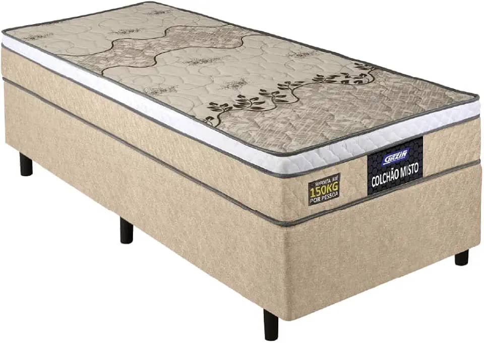 Cama Box Solteiro Colchão Espuma D33 Fort Gazin 88x188x59cm Bege/Branco-Suporta até 150kg por Pessoa