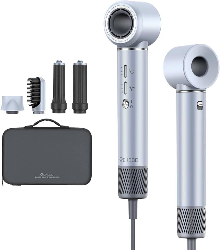 GOKOCO Secador de Cabelo 5 em 1 Conjunto, Escova Secadora 1400W Alta Velocidade 110000 Rpm, Kit Modelador Liso e Cacheado com Bocal Magnético Compatível com 110v e 127v, Prata
