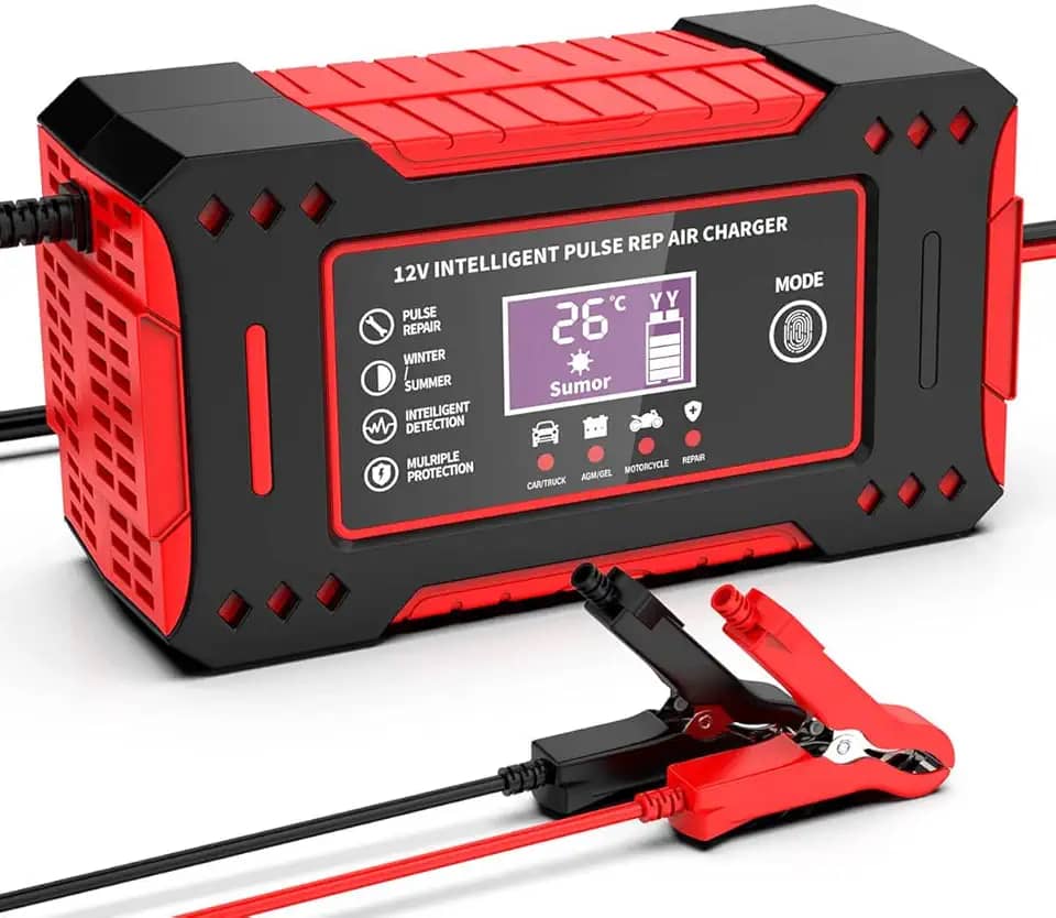 Carregador Inteligente de Bateria 12V com Reparo por Pulso, Tela LCD, Proteções Automáticas – Para Carros, Motos e Veículos 12V, Compacto e Seguro