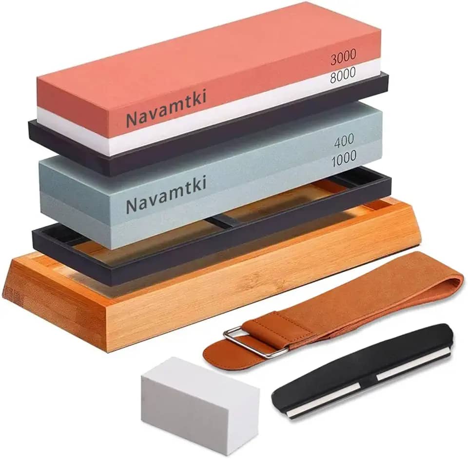 Kit de Pedra de Amolar para Afiar Facas - Conjunto Completo com Pedras 400/1000 e 3000/8000, Base de Bambu Antiderrapante - Ideal para Facas, Tesouras e Ferramentas de Corte