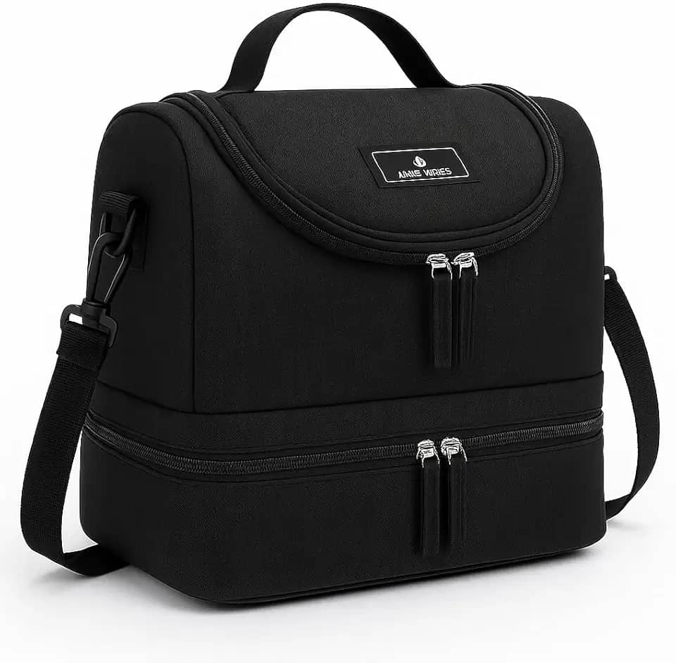 Lancheira Térmica Bolsa com Alça de mão e ombro Para Marmita Adulta Dividida em 2 andares com zíper (Preto)