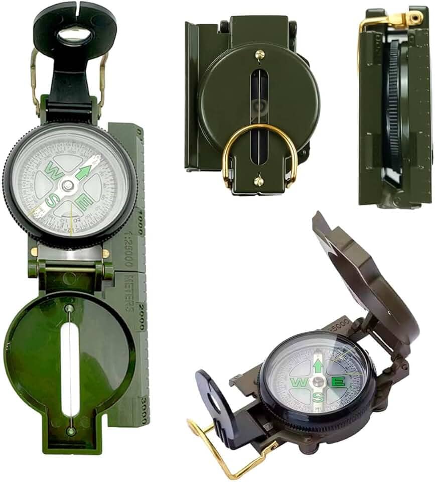 Bússola Lensática Militar com Mostrador Luminoso, Visor com Ampliação, Caixa Metálica Resistente