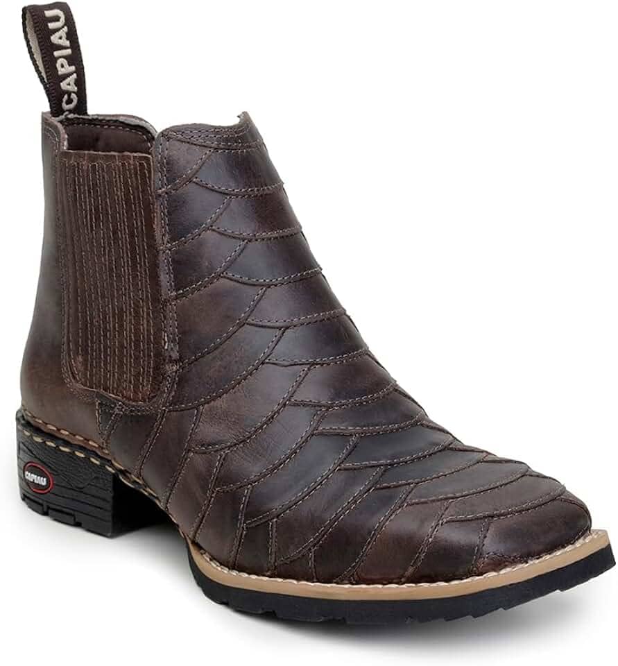 Bota Botina Texana Country Escamada Comfort Couro Sola Borracha Costurada