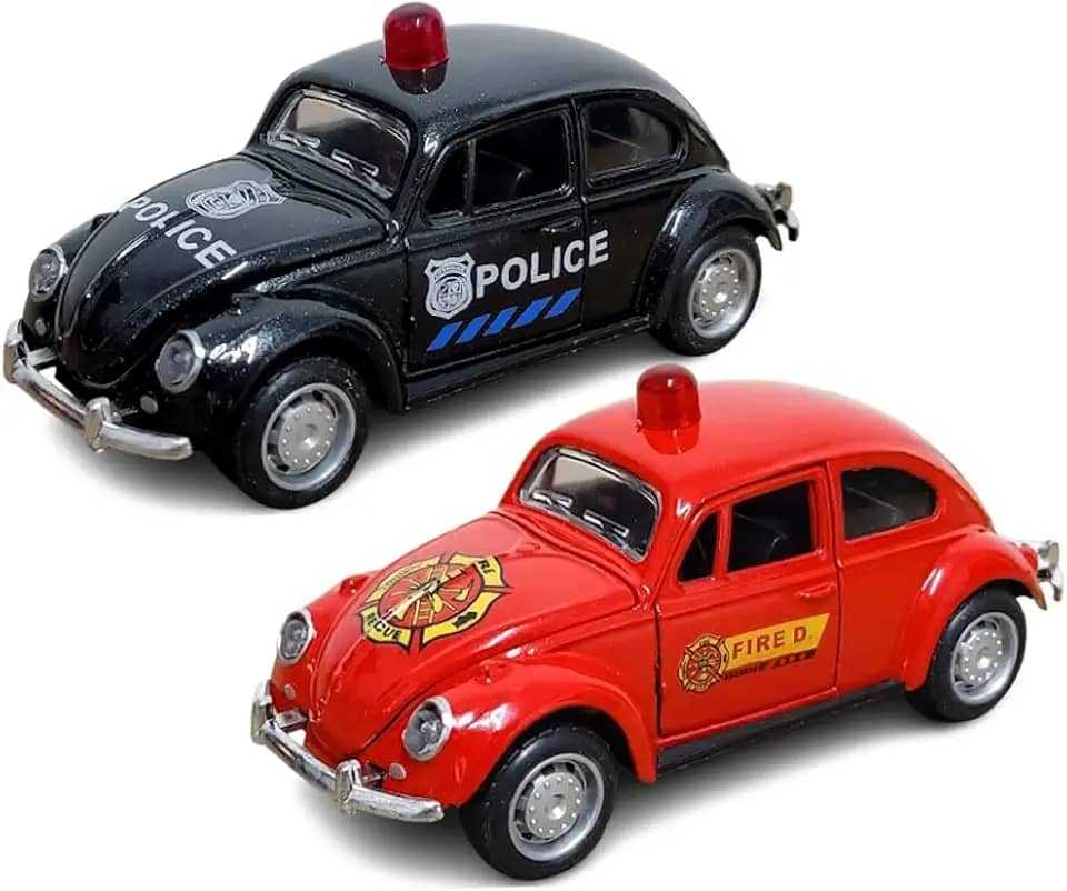 2 Fuscas de Ferro Polícia e Bombeiro Carrinho Abre Portas