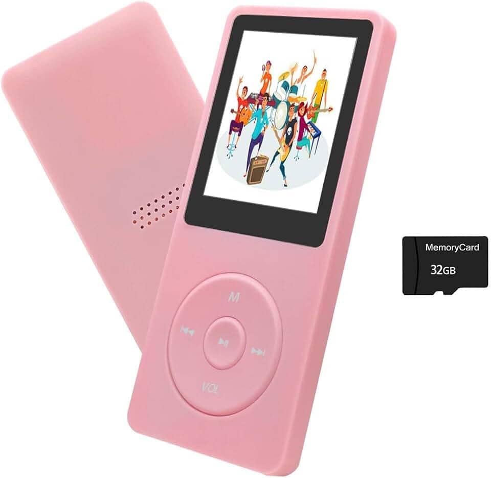 Leitor de MP3 de 32 GB com alto-falante, fones de ouvido, reprodutor de música portátil para crianças, suporta rádio FM, gravador de voz, e-book, suporta até 128 GB, rosa
