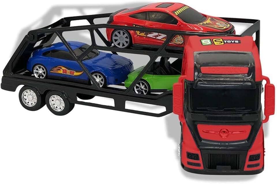 Caminhão Cegonheira com 3 Carrinhos, Transportador de Carros em Vermelho e Preto, Brinquedo Infantil com Carros Esportivos