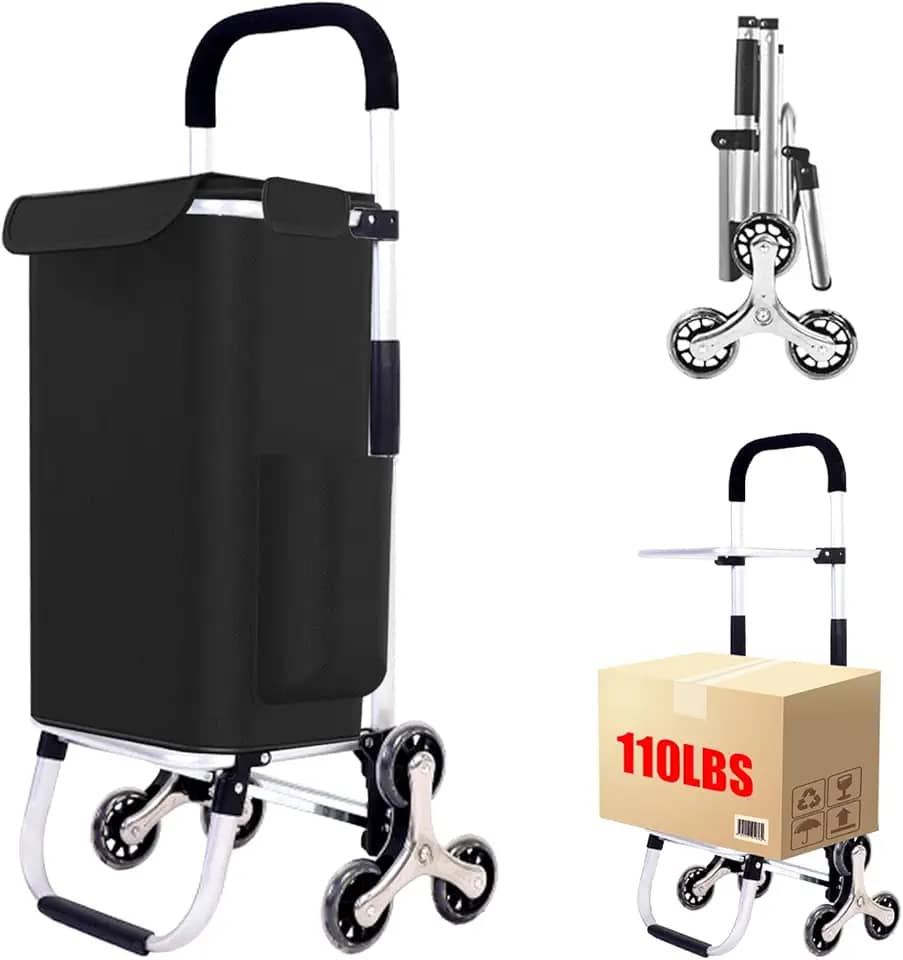 Carrinho de compras 2 em 1 para compras, carrinho de compras de 50 kg com rodas, carrinho de compras dobrável com 6 rodas, carrinho de mão com bolsa preta à prova d'água para compras, acampamento